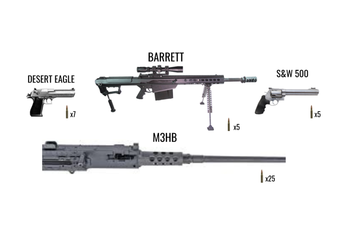 Four firearms: Desert Eagle, Barrett, S&W 500, M3HB with bullets.