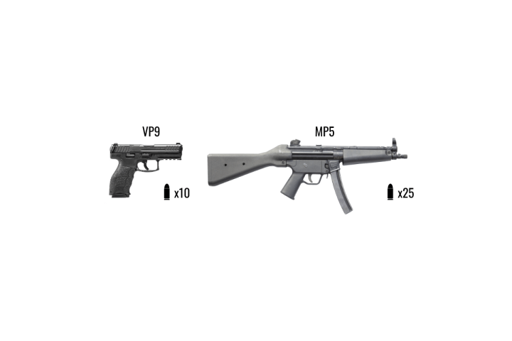 Images of a VP9 pistol with 10 bullets and MP5 rifle with 25 bullets.