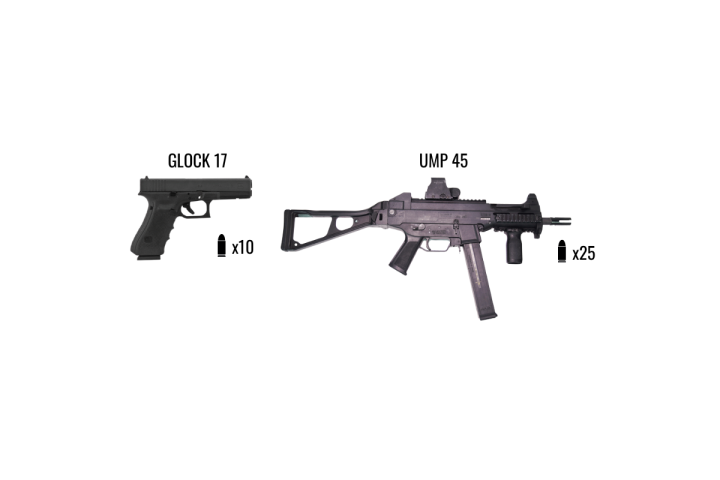Illustration of a Glock 17 pistol and UMP 45 rifle with ammo counts.