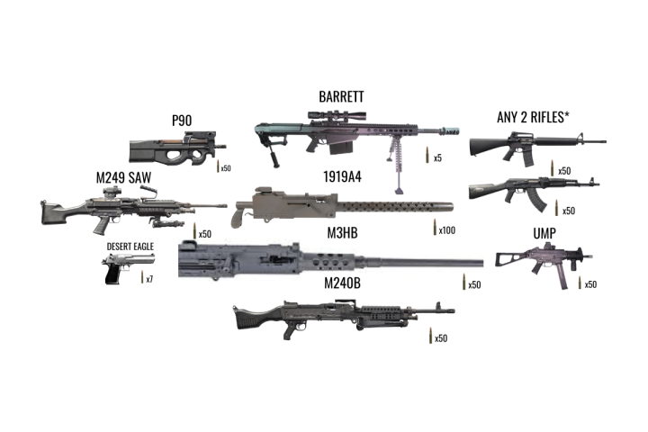 Image with various firearms and weapon names labeled.