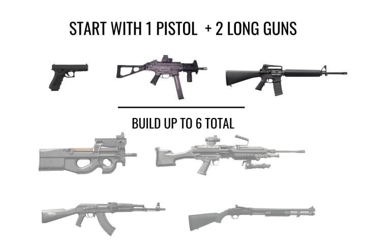 Images of a pistol and various rifles with text instructions.