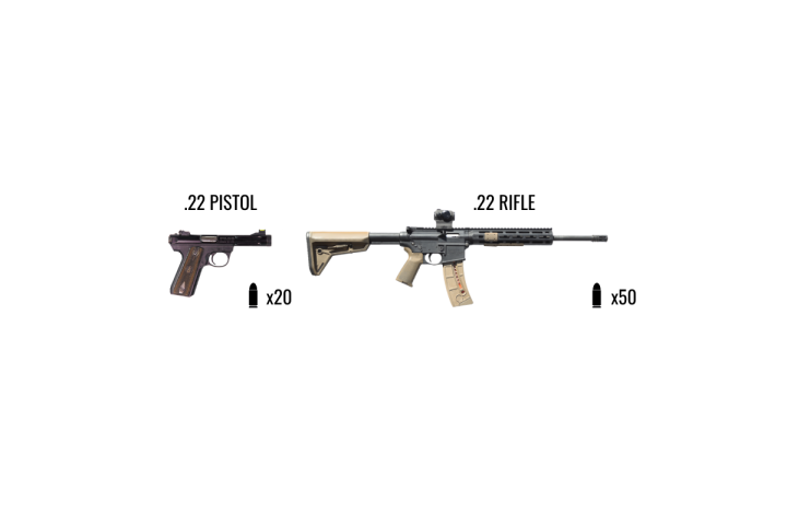 .22 pistol and .22 rifle with ammo counts shown.