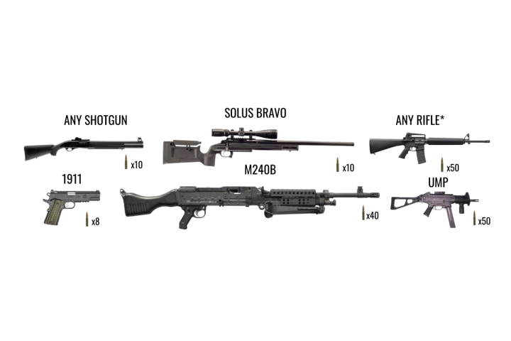 Weapons assortment including shotgun, rifles, pistols, and ammunition count.