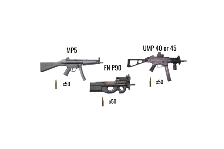 Illustration of three firearms: MP5, FN P90, UMP 40 or 45, each with corresponding bullet count.