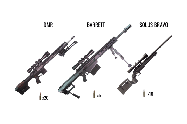 Three rifles labeled DMR, Barrett, Solus Bravo, with ammo counts x20, x5, x10 respectively.