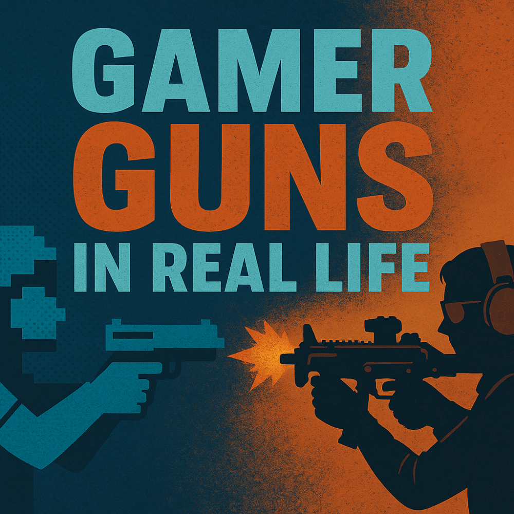 Illustration of pixelated and realistic figures with guns, text: 'Gamer Guns In Real Life'.