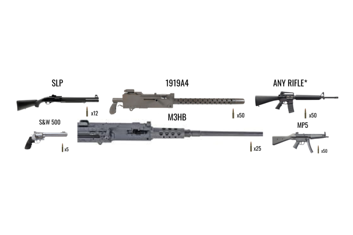 Various firearms displayed: shotguns, rifles, and handguns with quantity labels.