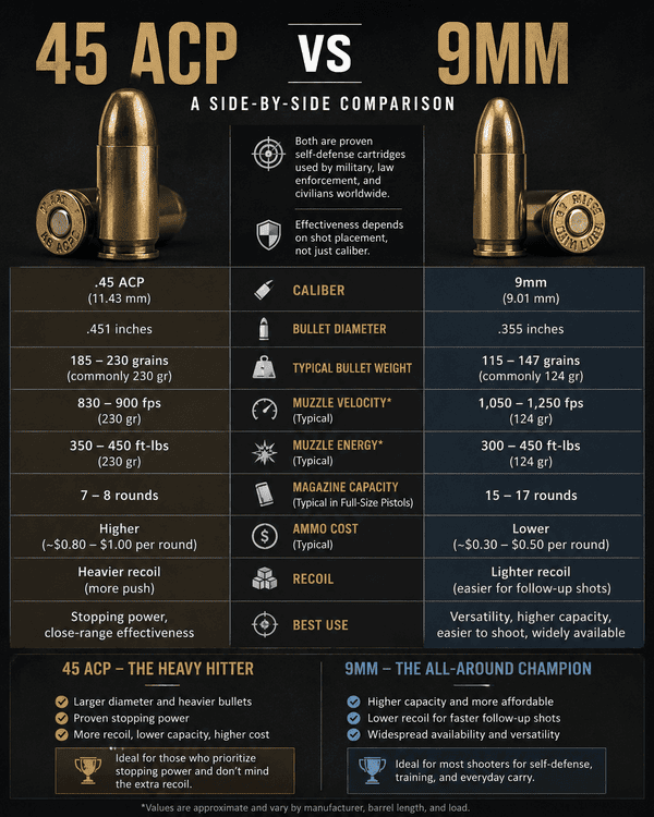 Comparison chart of 45 ACP vs 9mm bullet specifications and advantages.