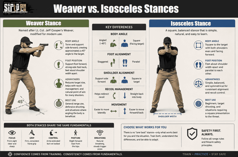Comparison of Weaver vs. Isosceles shooting stances with illustrations and key differences.