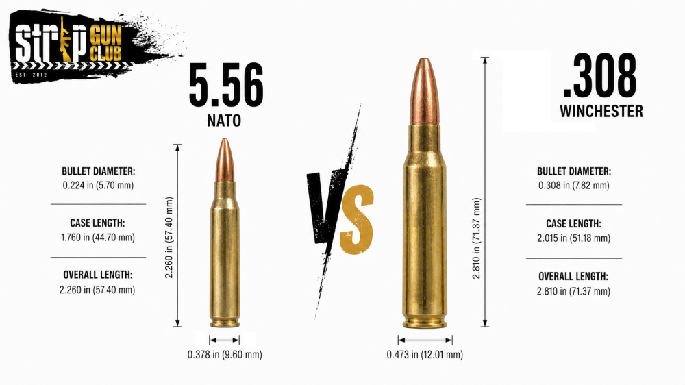 Comparison of 5.56 NATO and .308 Winchester ammunition with dimensions and logo.