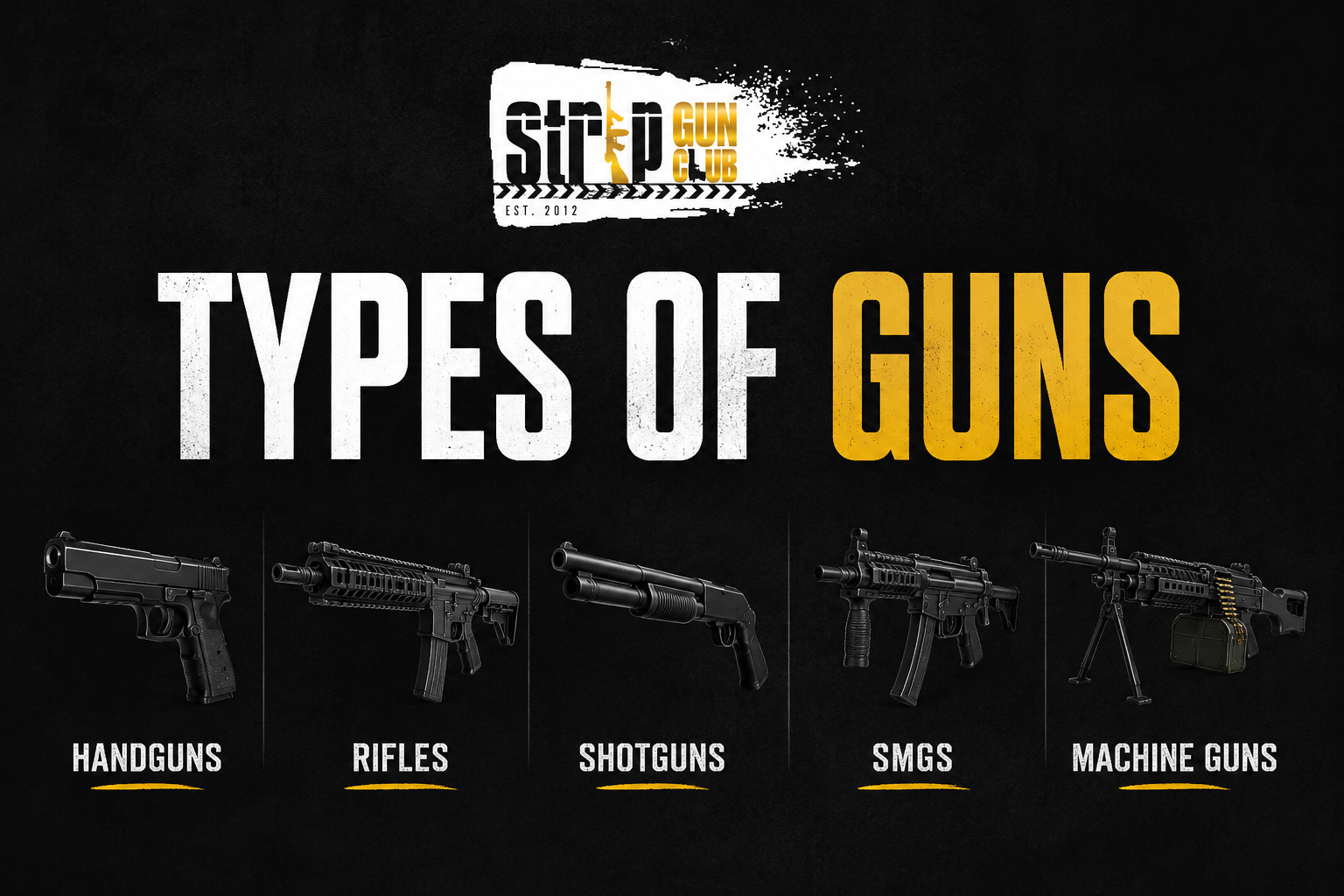 Various types of guns displayed: handguns, rifles, shotguns, SMGs, machine guns.