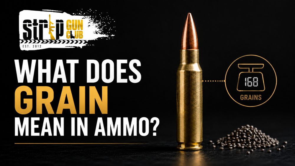 Bullet with grains text and Strip Gun Club logo on black background.