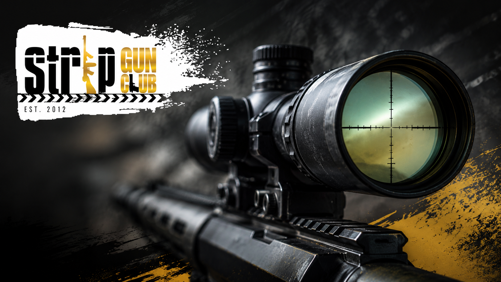 Close-up of a rifle scope with crosshairs, logo on left side.