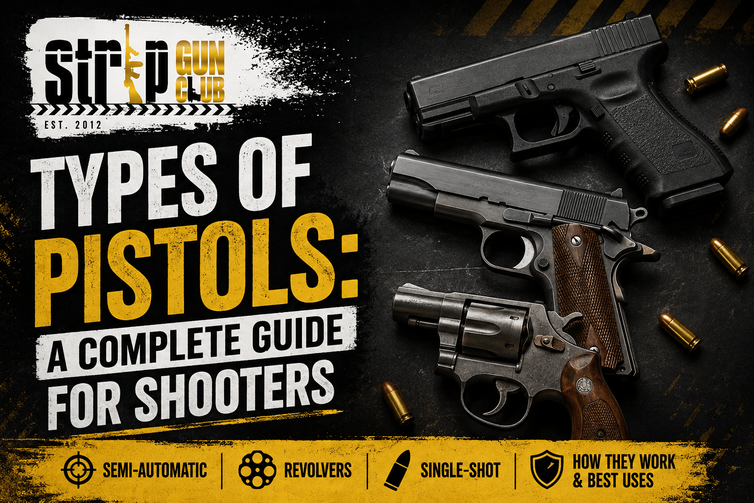 Banner displaying three pistols and bullet casings with text about types of pistols.