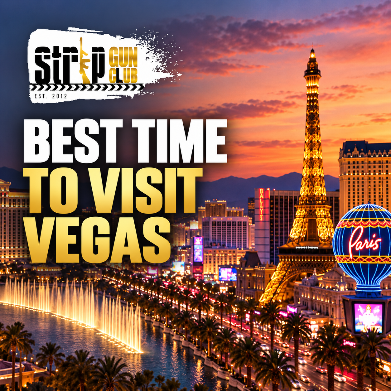 Las Vegas skyline at sunset with Eiffel Tower replica and neon lights.